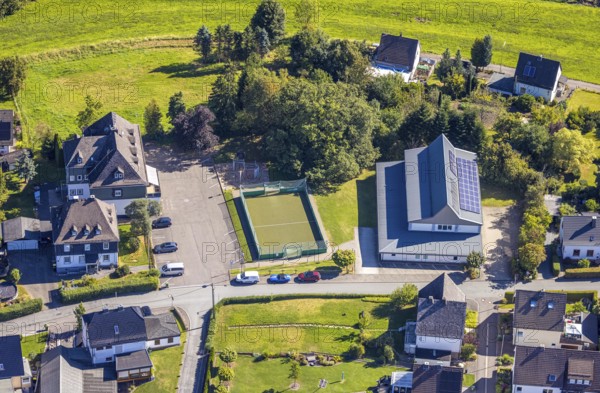 Aerial view, hall with solar roof on Christine-Koch-Straße and football pitch, Halberbracht, Lennestadt, Sauerland, North Rhine-Westphalia, Germany, DE, Europe, Kirchhundem, aerial view, aerial photography, aerial photography, overview, bird's-eye view, overview