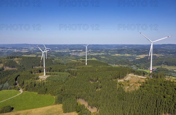 Aerial photo, wind turbines in the forest area NSG Beremker Siepen near Halberbracht, Lennestadt, Sauerland, North Rhine-Westphalia, Germany, alternative energy, DE, Europe, Kirchhundem, aerial photo, aerial photography, aerial photography, NSG nature reserve, overview, bird's-eye view, WEA, forest area, wind energy, wind power, wind turbine, wind wheel, wind turbines, birds-eyes view, overview
