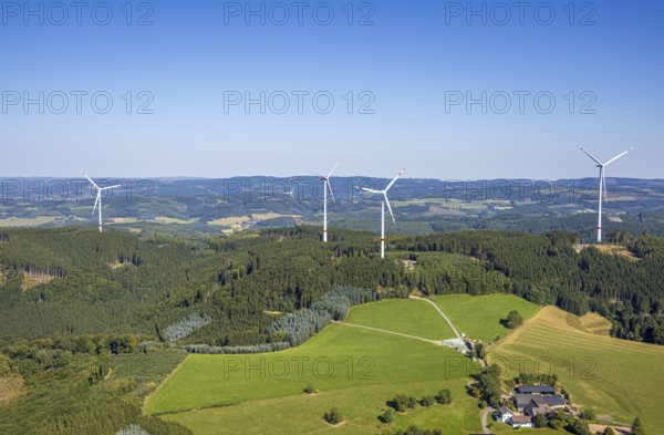 Aerial photo, wind turbines in the forest area NSG Beremker Siepen near Halberbracht, Lennestadt, Sauerland, North Rhine-Westphalia, Germany, alternative energy, DE, Europe, Kirchhundem, aerial photo, aerial photography, aerial photography, NSG nature reserve, overview, bird's-eye view, WEA, forest area, wind energy, wind power, wind turbine, wind wheel, wind turbines, birds-eyes view, overview