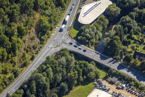 Aerial view, road traffic and Johannes bridge of the federal road B55 over the river Lenne, Bernard Marxen GmbH car dealer, Trockenbrück, Lennestadt, Sauerland, North Rhine-Westphalia, Germany, bridge, DE, Europe, commercial enterprise, commercial area, commercial area, commercial property, commercial location, commercial use, Kirchhundem, aerial view, aerial photography, aerial photography, road traffic, overview, bird's-eye view, overview