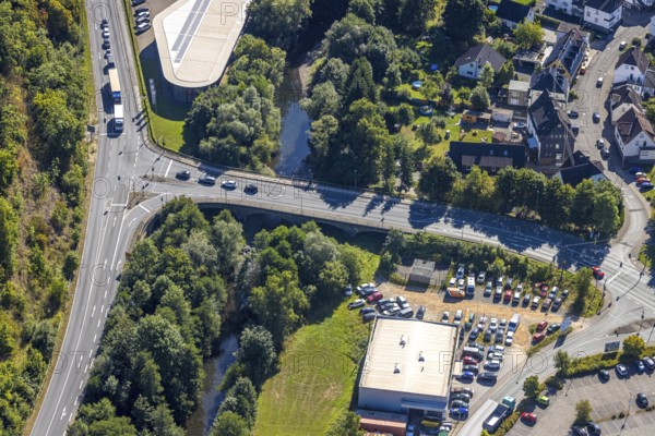 Aerial view, road traffic and Johannesbrücke of the federal road B55 over the river Lenne, Trockenbrück, Lennestadt, Sauerland, North Rhine-Westphalia, Germany, bridge, DE, Europe, Kirchhundem, aerial view, aerial photography, aerial photography, road traffic, overview, birds-eyes view, overview