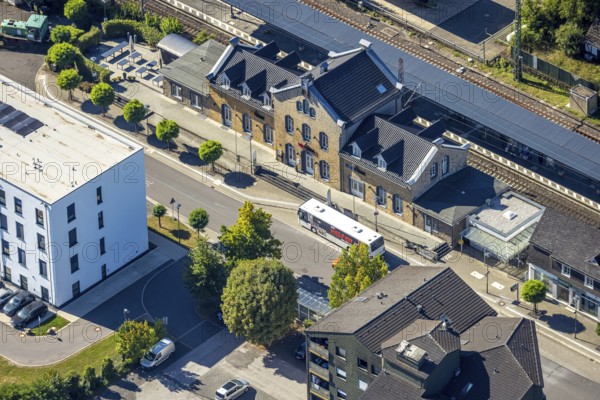 Aerial view, Grevenbrück station and station building, Lennestadt, Sauerland, North Rhine-Westphalia, Germany, railway area, station, station forecourt, platform, DE, Deutsche Bahn AG, Europe, railway tracks, tracks, Kirchhundem, aerial view, aerial photography, aerial photography, overview, bird's eye view, birds-eyes view, overview
