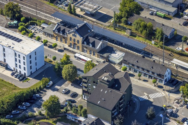 Aerial view, Grevenbrück station and station building, Lennestadt, Sauerland, North Rhine-Westphalia, Germany, railway area, station, station forecourt, platform, DE, Deutsche Bahn AG, Europe, railway tracks, tracks, Kirchhundem, aerial view, aerial photography, aerial photography, overview, bird's eye view, birds-eyes view, overview