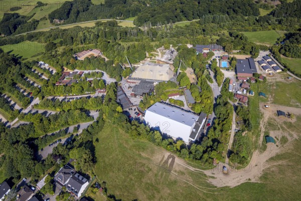 Aerial view, Elspe-Festival-Gelände Karl-May Festspiele mit Naturbühne und Festivalhalle, Elspe, Lennestadt, Sauerland, North Rhine-Westphalia, Germany, DE, Europe, events, Karl-May Festspiele, Kirchhundem, culture, art, aerial photography, aerial photography, overview, events, venue, event location, bird's-eye view, birds-eyes view, cultural use, overview
