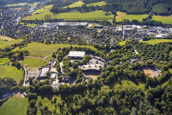 Aerial view, Elspe-Festival-Gelände Karl-May Festspiele mit Naturbühne und Festivalhalle, Elspe, Lennestadt, Sauerland, North Rhine-Westphalia, Germany, DE, Europe, events, Karl-May Festspiele, Kirchhundem, culture, art, aerial photography, aerial photography, overview, events, venue, event location, bird's-eye view, birds-eyes view, cultural use, overview