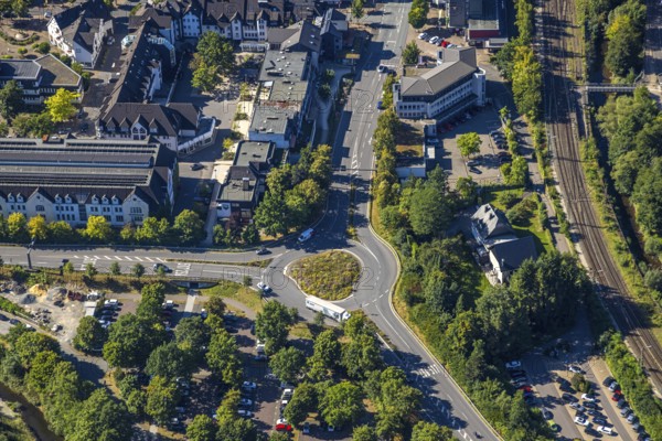 Aerial view, roundabout Hundemstraße federal road B537 and federal road B236, railway line, Altenhundem, Lennestadt, Sauerland, North Rhine-Westphalia, Germany, railway area, DE, Deutsche Bahn AG, Europe, railway tracks, tracks, Kirchhundem, roundabout, aerial view, aerial photography, aerial photography, overview, bird's-eye view, overview