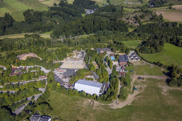 Aerial view, Elspe-Festival-Gelände Karl-May Festspiele mit Naturbühne und Festivalhalle, Elspe, Lennestadt, Sauerland, North Rhine-Westphalia, Germany, DE, Europe, events, Karl-May Festspiele, Kirchhundem, culture, art, aerial photography, aerial photography, overview, events, venue, event location, bird's-eye view, birds-eyes view, cultural use, overview