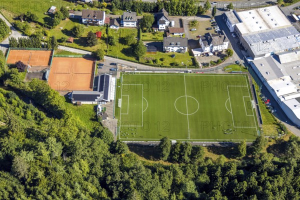 Aerial view, training match on the sports field football stadium Zur Lehmkuhle of FC 1919 Langenei-Kickenbach e.V., tennis courts, Langenei, Lennestadt, Sauerland, North Rhine-Westphalia, Germany, DE, Europe, football, football field, football stadium, Kirchhundem, aerial view, aerial photography, aerial photography, sports, sports facility, sports field, tennis, tennis facility, tennis court, tennis club, overview, bird's-eye view, birds-eyes view, overview