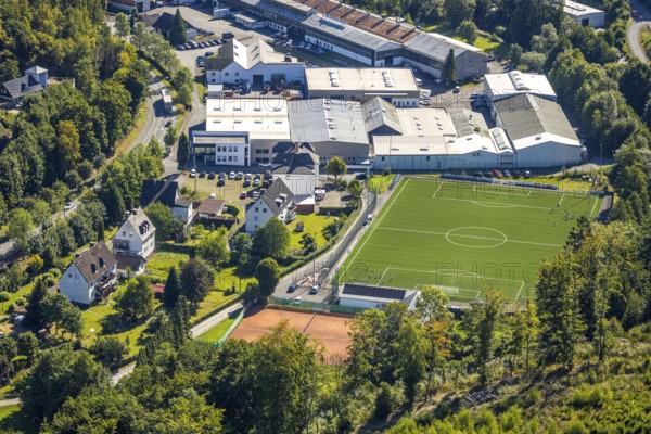 Aerial view, training match on the sports field football stadium Zur Lehmkuhle of FC 1919 Langenei-Kickenbach e.V., Tennis courts, commercial area An der Karlshütte, Langenei, Lennestadt, Sauerland, North Rhine-Westphalia, Germany, DE, Europe, football, football field, football stadium, commercial enterprise, commercial area, commercial property, commercial site, commercial use, industrial area, industrial site, Kirchhundem, aerial view, aerial photography, aerial photography, sports, sports facility, sports field, tennis, tennis facility, tennis court, tennis club, overview, bird's eye view, birds-eyes view, overview
