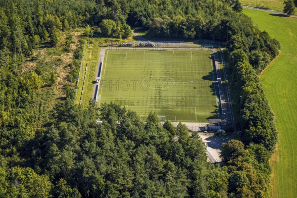 Aerial view, football stadium sports field TUS Halberbracht, Lennestadt, Sauerland, North Rhine-Westphalia, Germany, DE, Europe, football, football field, football stadium, Kirchhundem, aerial view, aerial photography, aerial photography, sports, sports facility, sports field, overview, bird's-eye view, overview