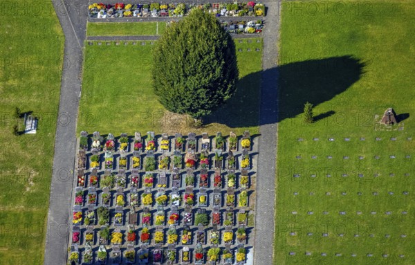 Aerial view, Langenei cemetery with colourful flower grave field, shapes and colours, Langenei, Lennestadt, Sauerland, North Rhine-Westphalia, Germany, burial site, flower field, DE, Europe, cemetery, memorial site, Gottesacker, graves, grave field, Kirchhundem, aerial view, aerial photography, aerial photography, resting place, overview, bird's-eye view, bird's-eye view, overview