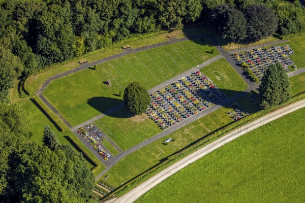 Aerial view, Langenei cemetery with colourful flower grave field, shapes and colours, Langenei, Lennestadt, Sauerland, North Rhine-Westphalia, Germany, burial site, flower field, DE, Europe, cemetery, memorial site, Gottesacker, graves, grave field, Kirchhundem, aerial view, aerial photography, aerial photography, resting place, overview, bird's-eye view, bird's-eye view, overview