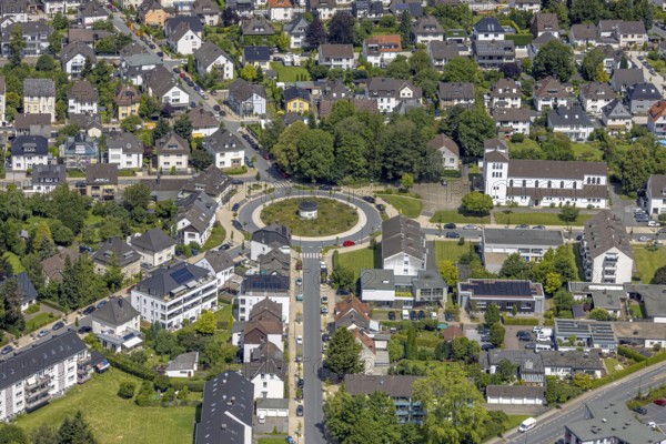 Catholic Church of St. Michael and roundabout Pfarrer-Leo-Reiners-Platz, Alter Holzweg, Michaelstraße, Karlstraße, Neheim, Arnsberg, Sauerland, North Rhine-Westphalia, Germany, Catholic Church, St. Michael, roundabout, Pfarrer-Leo-Reiners-Platz, church, religion, architecture, city, streets, traffic, building, landmark, place, city centre, cultural heritage, region, Europe, tourism, history, faith, outside view, journey, settlement, church tower, cobblestones, urban environment