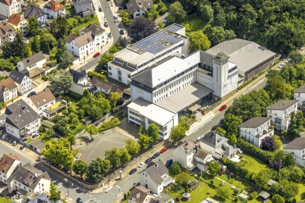 Aerial view, St. Ursula Gymnasium, solar roof, Neheim, Arnsberg, Sauerland, North Rhine-Westphalia, Germany, bird's eye view, school, educational institution, building, sustainability, solar energy, renewable energy, architecture, roof, city, urban area, eco-friendly, technology, energy efficiency, school building, sun, solar panels, renewable resources, school infrastructure, aerial view, environmental sustainability