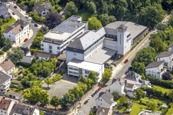 Aerial view, St. Ursula Gymnasium, solar roof, Neheim, Arnsberg, Sauerland, North Rhine-Westphalia, Germany, school, educational institution, building, architecture, green environment, renewable energy, solar panels, environmentally friendly, sustainability, city, landscape, German