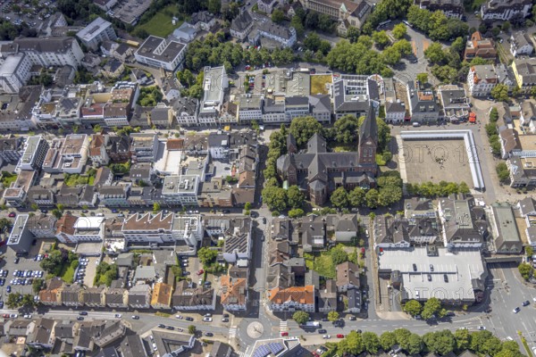 Aerial view, residential area on Hauptstrasse with St. Johannes Baptist Church, Neheim market, below roundabout on Möhnestrasse and Schobbostrasse, Neheim, Arnsberg, Sauerland, North Rhine-Westphalia, Germany, residential area, Hauptstrasse, St. Johannes Baptist Church, church, roundabout, Möhnestrasse, Schobbostrasse, city, architecture, building, street network, urban, summer, daylight, infrastructure, city centre, traffic, religion, landmark, residential buildings, town planning, landscape, urban environment, European