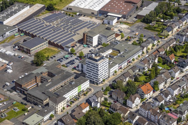 Aerial view, commercial area Möhnestraße, EGG Elektrogroßhandel GmbH Elektrogroßhandel, Neheim, Arnsberg, Sauerland, North Rhine-Westphalia, Germany, commercial area, Möhnestraße, EGG Elektrogroßhandel GmbH, trading company, industrial area, building, infrastructure, business, architecture, complex, company headquarters, electronics, trading place, commercial building, economy, logistics, urban development, commercial space, distribution centre, urbanity, bird's eye view, business activity, aerial view, economic region