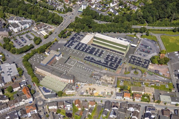 Aerial view, BJB GmbH & Co. KG lighting manufacturer, Werler Straße, Neheim, Arnsberg, Sauerland, North Rhine-Westphalia, Germany, BJB GmbH & Co. KG, lighting manufacturer, company, industry, building, factory, street, infrastructure, business, location, architecture, environment, city, urban, region, topography, trade, aerial view, German industry, work, economy, production site, roof, outdoor area company, industrial