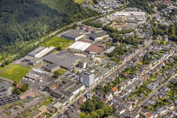 Aerial view, industrial estate Möhnestraße, EGG Elektrogroßhandel GmbH Elektrogroßhandel, Neheim, Arnsberg, Sauerland, North Rhine-Westphalia, Germany, DE, Europe, aerial view, aerial photography, aerial photography, Ruhr area, overview, bird's-eye view, overview