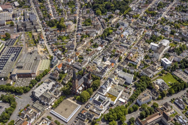 Aerial view, residential area on the main street with St. Johannes Baptist Church, Neheimer Markt, Neheim, Arnsberg, Sauerland, North Rhine-Westphalia, Germany, residential area, main street, St. Johannes Baptist Church, city view, architecture, building, church, streets, roofs, settlement, town, urban, religion, tower, houses, infrastructure, region, aerial view, sky, landscape, community, historical, culture, catholicism, church tower, village, lively, typical, Beluga (sturgeon), Europe, transport, structure