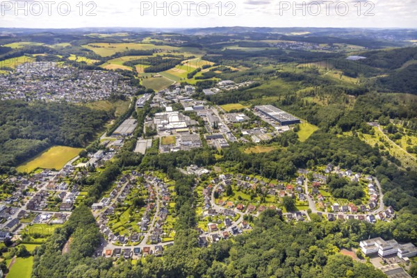 Aerial view, circular housing estate Rumbecker Holz, commercial area Wiebelsheide, behind residential area local view Herdringen, forest and meadows, distant view and blue sky with clouds, Herdringen, Arnsberg, Sauerland, North Rhine-Westphalia, Germany, circular, housing estate, Rumbecker Holz, commercial area, Wiebelsheide, residential area, local view, forest, meadows, distant view, blue sky, clouds, architecture, landscape, nature, urban, village, houses, top view, buildings, infrastructure, panoramic view, settlement, rural, sky, weather, view, regional, European, zone