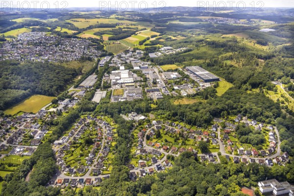 Aerial view, circular housing estate Rumbecker Holz, commercial area Wiebelsheide, behind residential area local view Herdringen, forest and meadows, distant view and blue sky with clouds, Herdringen, Arnsberg, Sauerland, North Rhine-Westphalia, Germany, circular, housing estate, Rumbecker Holz, commercial area, Wiebelsheide, residential area, local view, forest, meadows, distant view, blue sky, clouds, nature, urban, rural, panoramic view, view, houses, infrastructure, vegetation, architecture, landscape, settlement, sky, spring, summer, daylight