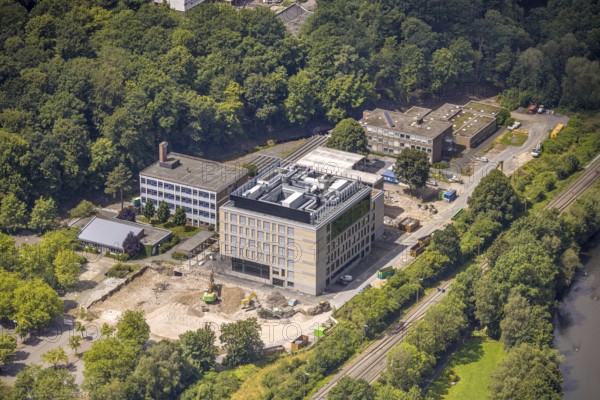 Aerial view, construction site and new building at the vocational college Technisch-gewerbliche Schulen am Berliner Platz, Hüsten, Arnsberg, Sauerland, North Rhine-Westphalia, Germany, DE, Europe, aerial view, aerial photography, aerial photography, Ruhr area, overview, bird's-eye view, overview