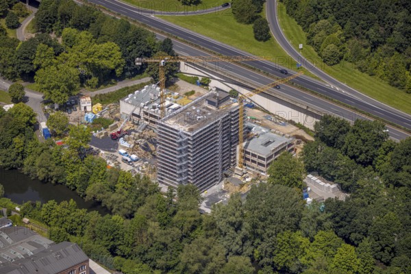 Aerial view, construction site with new Arnsberg town hall on the A46 motorway, Neheim, Arnsberg, Sauerland, North Rhine-Westphalia, Germany, DE, Europe, aerial view, aerial photography, aerial photography, Ruhr area, overview, bird's-eye view, overview