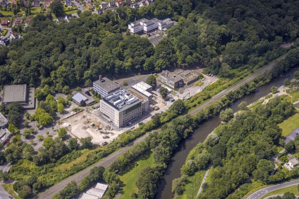 Aerial view, Hüsten, construction site and new building at the vocational college Technisch-gewerbliche Schulen am Berliner Platz, behind Franz-Stock Gymnasium Building A, Arnsberg, Sauerland, North Rhine-Westphalia, Germany, DE, Europe, aerial view, aerial photography, aerial photography, Ruhr area, overview, bird's-eye view, overview