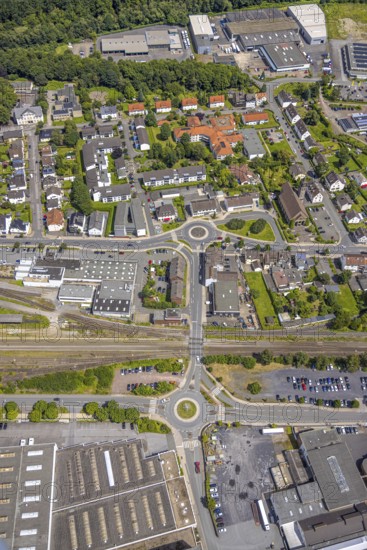 Aerial view, two roundabouts Von-Lilien-Straße, between Bahnhofstraße and Kleinbahnstraße, residential area, Hüsten, Arnsberg, Sauerland, North Rhine-Westphalia, Germany, roundabouts, Von-Lilien-Straße, Bahnhofstraße, Kleinbahnstraße, railway tracks, houses, infrastructure, urban planning, traffic, roads, intersection, railway, architecture, settlement, city, landscape, urban, transport, aerial view, urban, building