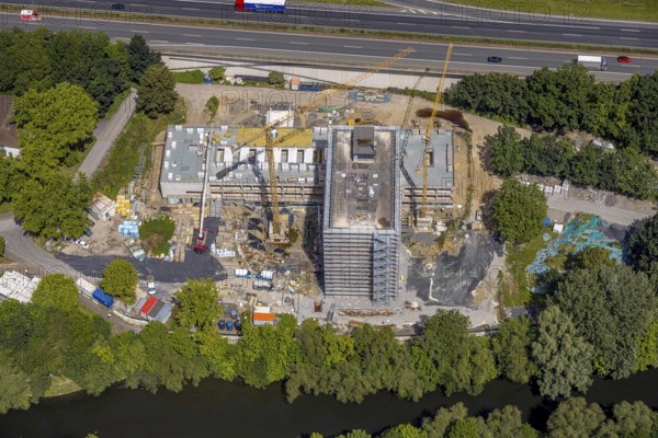 Aerial view, construction site with new Arnsberg town hall on the A46 motorway, Neheim, Arnsberg, Sauerland, North Rhine-Westphalia, Germany, construction site, new building, Arnsberg town hall, A46 motorway, architecture, building, infrastructure, traffic, development, construction, urban, city, region, landscape, drone image, modern, urban planning, road network, construction crane, progress, construction phase, industry, construction work, structural, location, public, administration