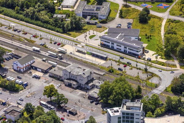Aerial view, Arnsberg-Neheim-Hüsten railway station, Hüsten, Arnsberg, Sauerland, North Rhine-Westphalia, Germany, railway station, Arnsberg-Neheim-Hüsten, rails, building, traffic, city, architecture, infrastructure, train, station facilities, tracks, train traffic, platform, commuter, transport, view, surroundings, cityscape, traveller, modern, regional, railway, public transport, urban planning, scenic, transport network, trains