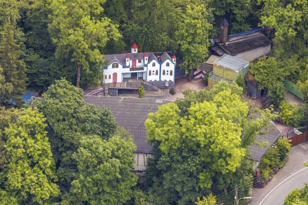 Aerial view, open air stage covered by trees and outbuildings with towers, Herdringen, Arnsberg, Sauerland, North Rhine-Westphalia, Germany, open air stage, trees, outbuildings, towers, architecture, nature, event, concert venue, forest, green, outdoor, landscape, summer, Europe, culture, structure, building, perspective, height, environment, touristic, historical, regional, scenery, detailed