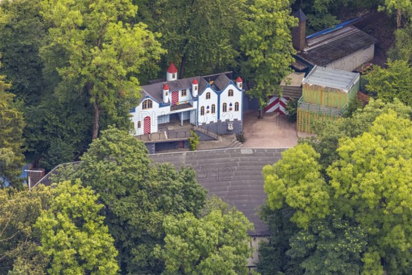 Aerial view, open-air stage covered by trees and neighbouring buildings with towers, Herdringen, Arnsberg, Sauerland, North Rhine-Westphalia, Germany, DE, Europe, aerial view, aerial photography, aerial photography, Ruhr area, overview, bird's-eye view, overview