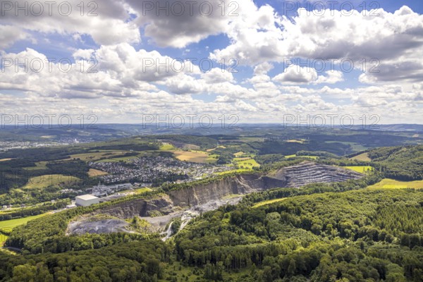Aerial view, quarry Ebel Steinbruchbetriebe Werk Habbel, distant view and blue sky with clouds, Müschede, Arnsberg, Sauerland, North Rhine-Westphalia, Germany, DE, Europe, aerial view, aerial photography, aerial photography, Ruhr area, overview, bird's eye view, birds-eyes view, overview