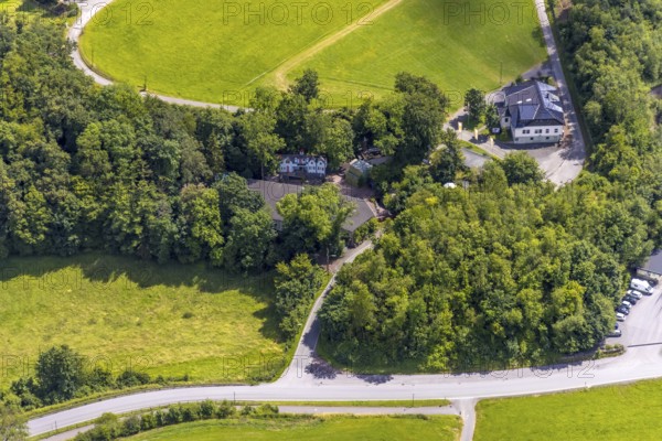 Aerial view, open-air stage covered by trees and adjacent buildings with towers, on the right playhouse of the open-air stage, Herdringen, Arnsberg, Sauerland, North Rhine-Westphalia, Germany, open-air stage, trees, buildings, towers, playhouse, architecture, nature, landscape, theatre, culture, outdoor, summer, daytime, urban, green area, view from above, local, vegetation, forest, structure, European, historical, region, infrastructure