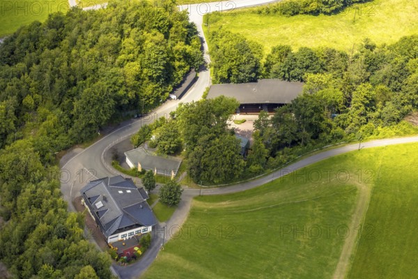 Aerial view, open-air theatre, below playhouse of the open-air theatre, Herdringen, Arnsberg, Sauerland, North Rhine-Westphalia, Germany, DE, Europe, aerial view, aerial photography, aerial photography, Ruhr area, overview, bird's-eye view, overview