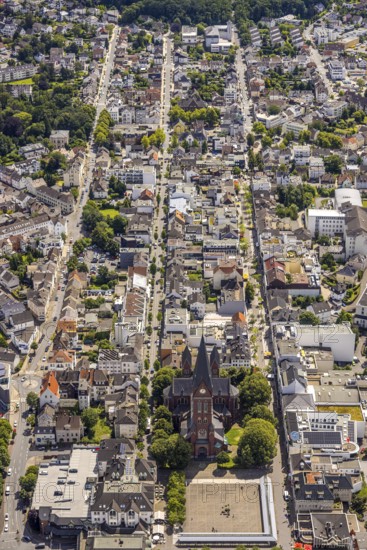 Aerial view, residential area on the main street with St. Johannes Baptist Church, Neheimer Markt, Neheim, Arnsberg, Sauerland, North Rhine-Westphalia, Germany, DE, Europe, aerial view, aerial photography, aerial photography, Ruhr area, overview, bird's-eye view, overview