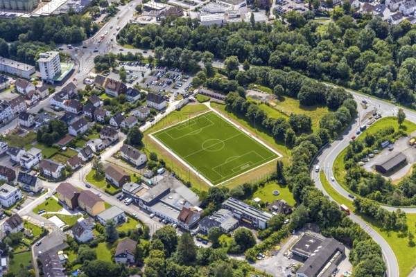 Aerial view, Ruhr-Möhne football stadium, FC Neheim-Erlenbruch e.V., Neheim, Arnsberg, Sauerland, North Rhine-Westphalia, Germany, DE, Europe, aerial view, aerial photography, aerial photography, Ruhr area, overview, bird's-eye view, overview