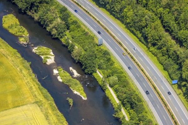 Aerial view, motorway A445 and river Möhne, cycle path, Bergheim, Arnsberg, Sauerland, North Rhine-Westphalia, Germany, motorway, A445, river, Möhne, landscape, infrastructure, traffic, river bank, road, bridge, nature, cycle path, regions, forest, water, city, local traffic, travel, outdoor, movement, recreation, tourism, green spaces, perspective, transport