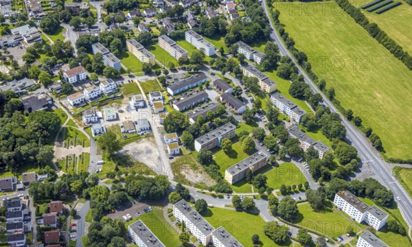 Aerial view, apartment buildings, housing estate Moosfelder Ring, terraced houses, Neheim, Arnsberg, Sauerland, North Rhine-Westphalia, Germany, apartment buildings, housing estate, Moosfelder Ring, architectural style, residential area, urban, buildings, roofs, streets, neighbourhood, settlement, infrastructure, home, houses, aerial view, district, residential buildings, exterior view, planning, structure, order, living space, residential area, residential complex