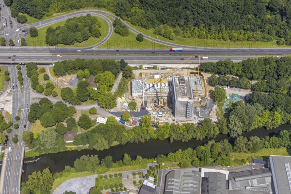 Aerial view, construction site with new Arnsberg town hall on the A46 motorway, Neheim, Arnsberg, Sauerland, North Rhine-Westphalia, Germany, DE, Europe, aerial view, aerial photography, aerial photography, Ruhr area, overview, bird's-eye view, overview