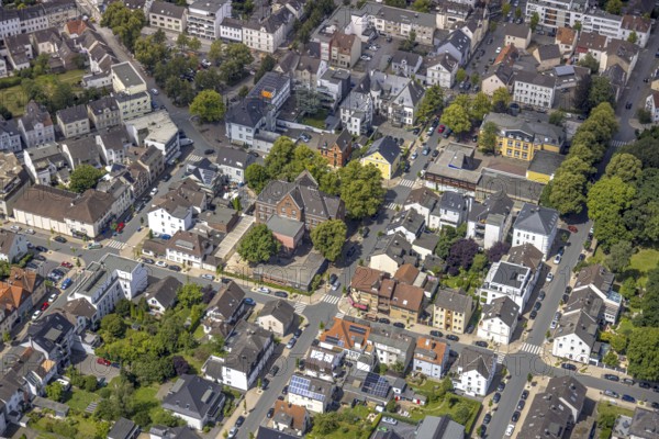 Aerial view, right yellow building Grimmeschule Schwester-Aicharda-Straße, school and residential area Schulstraße, residential area, Neheim, Arnsberg, Sauerland, North Rhine-Westphalia, Germany, Grimmeschule, yellow building, Schwester-Aicharda-Straße, school, Schulstraße, town, houses, buildings, streets, roofs, neighbourhood, infrastructure, settlement, district, urban, architecture, landscape, modern buildings, residential buildings, educational institution, environment, overview, aerial view, Beluga (sturgeon)
