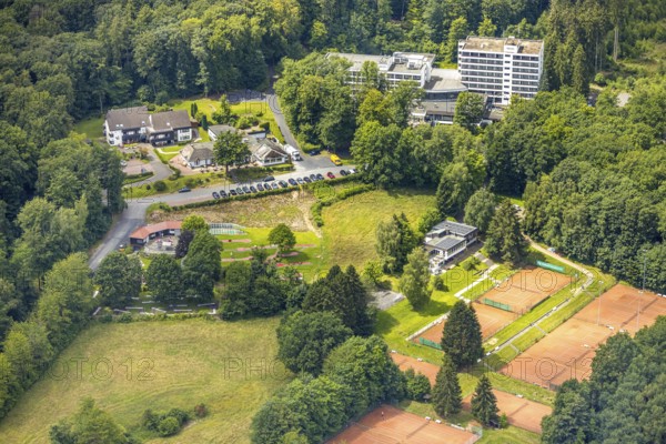 Aerial view, Dorint Hotel und Sportresort, Rodelhaus Hotel und Restaurant, Neheim, Arnsberg, Sauerland, North Rhine-Westphalia, Germany, Dorint Hotel, Sportresort, Rodelhaus Hotel, Restaurant, architecture, building, accommodation, holiday, tourism, leisure, hospitality, landscape, city, region, residents, nature, recreation, relaxation, terrain, infrastructure, environment, location, houses, facilities, services, attractions, accommodation facilities, hotel complex, resort, hospitality, travel, destination