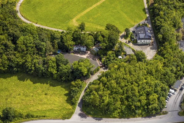 Aerial view, open-air stage covered by trees and adjacent buildings with towers, right playhouse of the open-air stage, Herdringen, Arnsberg, Sauerland, North Rhine-Westphalia, Germany, open-air stage, trees, buildings, towers, playhouse, landscape, architecture, outdoor, nature, summer, daytime, culture, environment, vegetation, green, theatre, entertainment, scene, perspective, shot, regional, sight, Europe, structure, park, historical