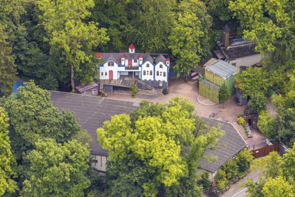 Aerial view, open-air stage covered by trees and neighbouring buildings with towers, Herdringen, Arnsberg, Sauerland, North Rhine-Westphalia, Germany, DE, Europe, aerial view, aerial photography, aerial photography, Ruhr area, overview, bird's-eye view, overview