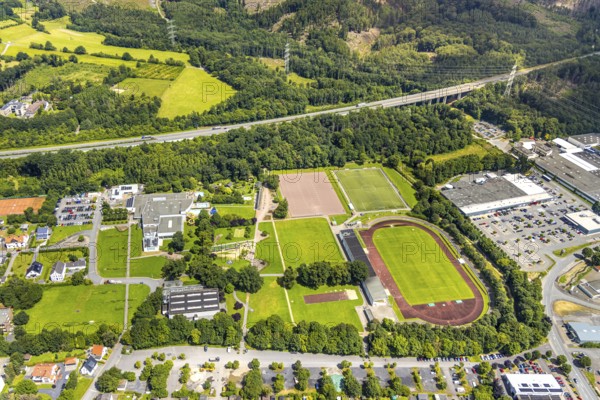 Aerial view, Solepark Große Wiese Freizeitbad Naß, sunbathing lawn and swimming pool, Gradierwerk saltworks, football stadium Große Wiese, at the motorway A46, Hüsten, Arnsberg, Sauerland, North Rhine-Westphalia, Germany, DE, Europe, aerial view, aerial photography, aerial photography, Ruhr area, overview, bird's-eye view, overview
