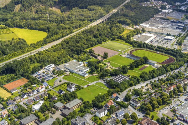 Aerial view, Solepark Große Wiese Freizeitbad Naß, sunbathing lawn and swimming pool, Gradierwerk saltworks, football stadium Große Wiese, at the motorway A46, Hüsten, Arnsberg, Sauerland, North Rhine-Westphalia, Germany, DE, Europe, aerial view, aerial photography, aerial photography, Ruhr area, overview, bird's-eye view, overview