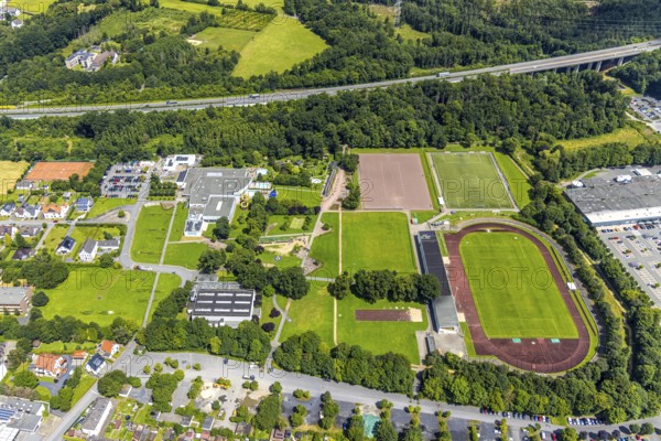 Aerial view, Solepark Große Wiese Freizeitbad Naß, sunbathing lawn and swimming pool, Gradierwerk saltworks, football stadium Große Wiese, at the motorway A46, Hüsten, Arnsberg, Sauerland, North Rhine-Westphalia, Germany, DE, Europe, aerial view, aerial photography, aerial photography, Ruhr area, overview, bird's-eye view, overview