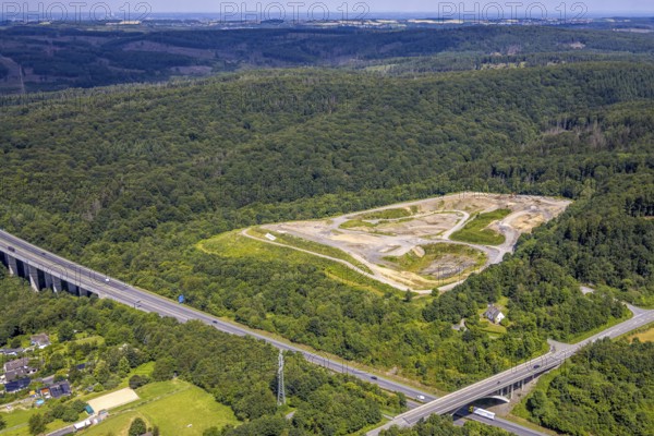 Aerial view, Feldhaus landfill site in the forest area near the A46 motorway, Arnsberg, Sauerland, North Rhine-Westphalia, Germany, DE, Europe, aerial view, aerial photography, aerial photography, Ruhr area, overview, bird's-eye view, overview